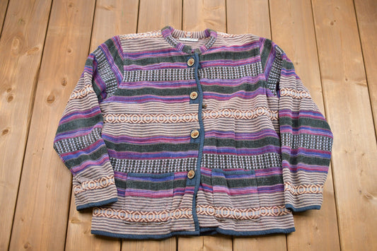 Vintage 1990s  3d Knit Cardigan Sweater / Funky Pattern Print / Aztec / Southwestern Pullover Sweatshirt