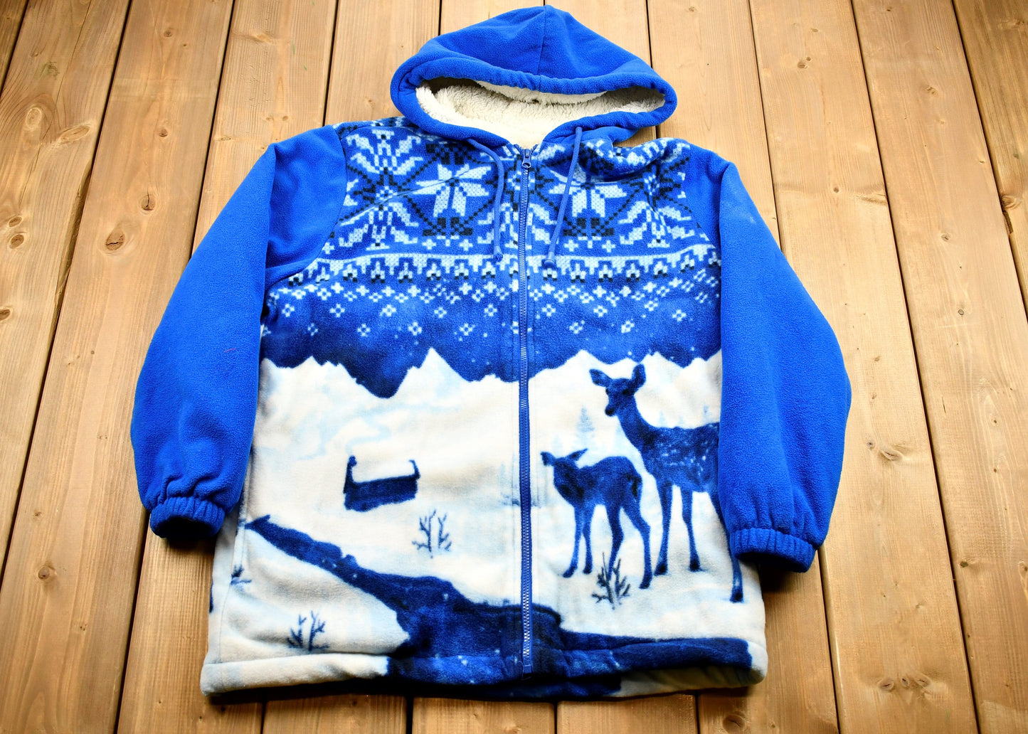 Vintage 1990s Winter Theme Classic Editions Full Zip Fleece Sweatshirt / Outdoor & Wilderness / Abstract Pattern / Sherpa Lined