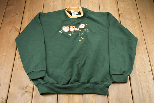 Vintage 1990s Cute Owl Embroidered Double Collar Crewneck / 90s Crewneck / Nature / Animals / Vintage Sweatshirt / American Streetwear