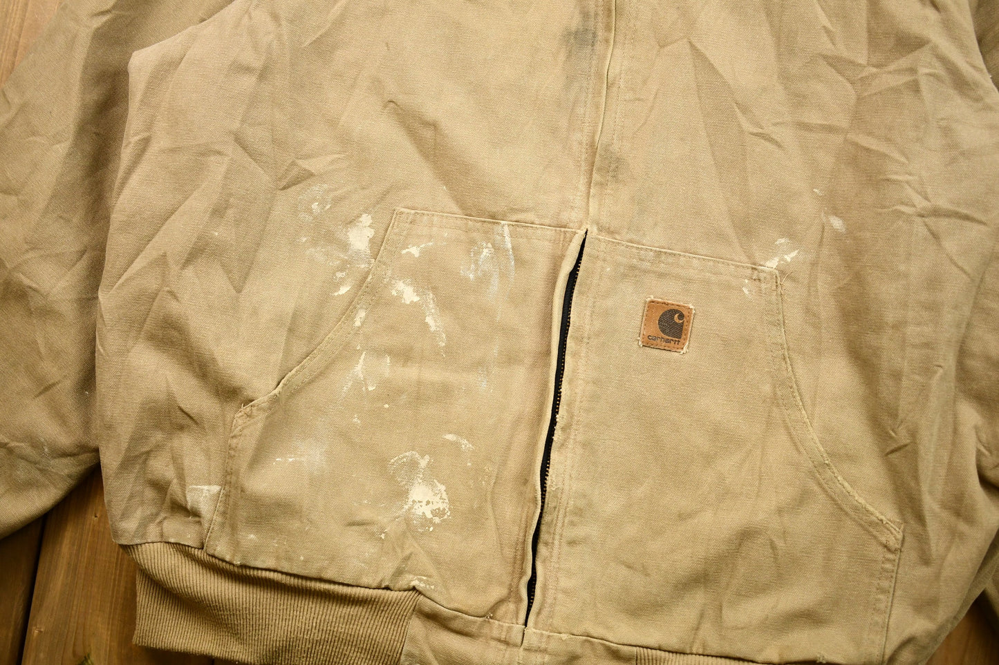 Vintage 1990s Carhartt Hooded Work Jacket / Workwear / Streetwear / Lined Jacket / Distressed Carhartt / Tan Carhartt Jacket