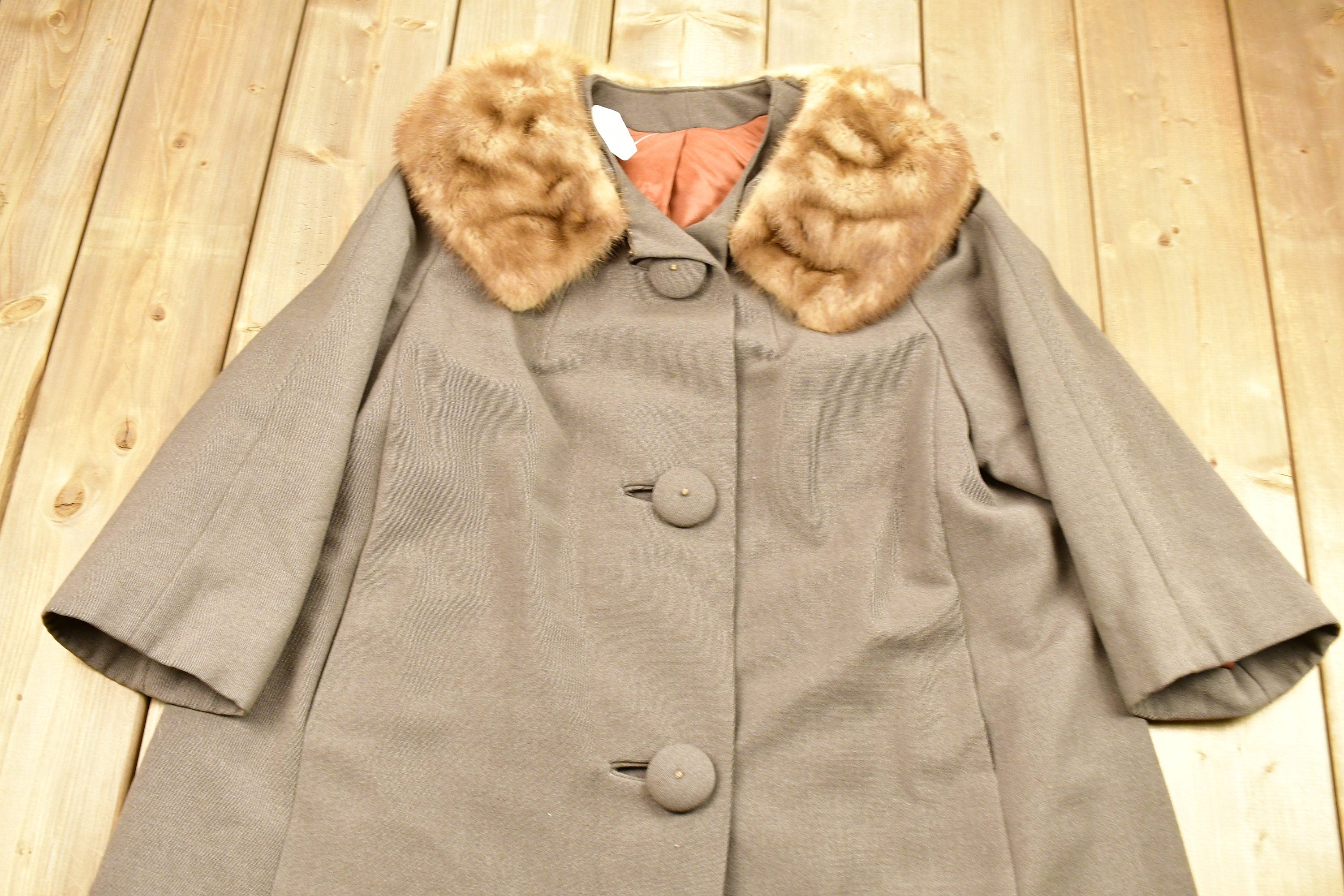 Vintage 1950s Peau De Faille Fur Collared Long Pea Coat Jacket