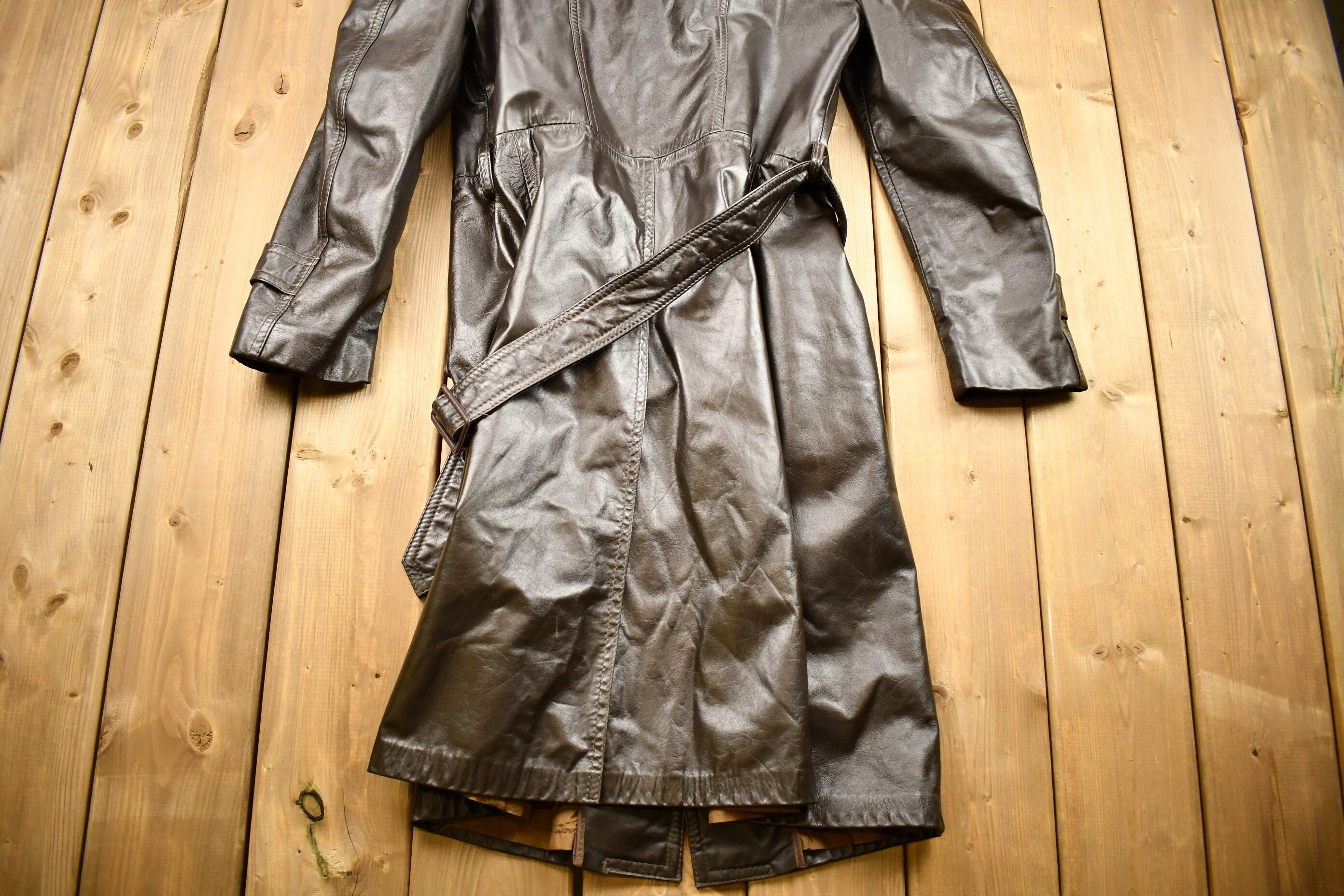 Vintage 1970s Full Length Brown Leather Trench Coat