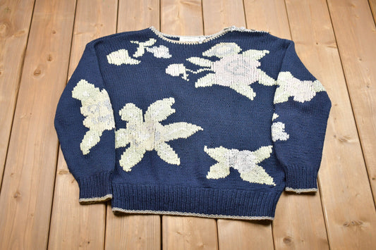 Vintage 1990s Liz Claiborne Collection Hand Knit Sweater / Vintage 90s Crewneck / Floral Rose Pattern Print / Outdoor / Pullover Sweatshirt