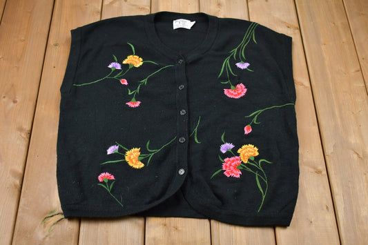 Vintage 1980s Bonnie Lee Floral Embroidered Knitted Sweater Vest / Vintage 80s Vest / Pattern Sweater / Outdoor / Hand Knit / Knit Vest