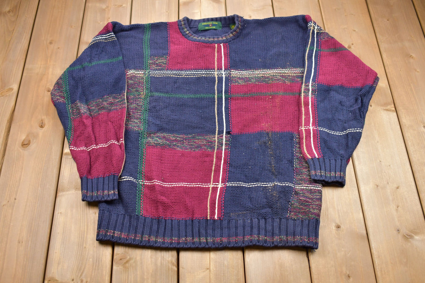 Vintage 1990s Embassy Row Plaid Knitted Sweater / Vintage 90s Crewneck / Pattern Sweater / Outdoor / Hand Knit / Pullover Sweatshirt