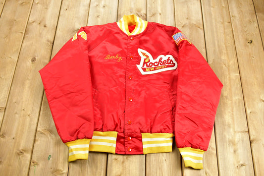 Vintage 1980s New Jersey Rockets Fleece Lined Satin Jacket / Snap Button / Chain Stitched / Athletic Sportswear / Patchwork / Embroidered