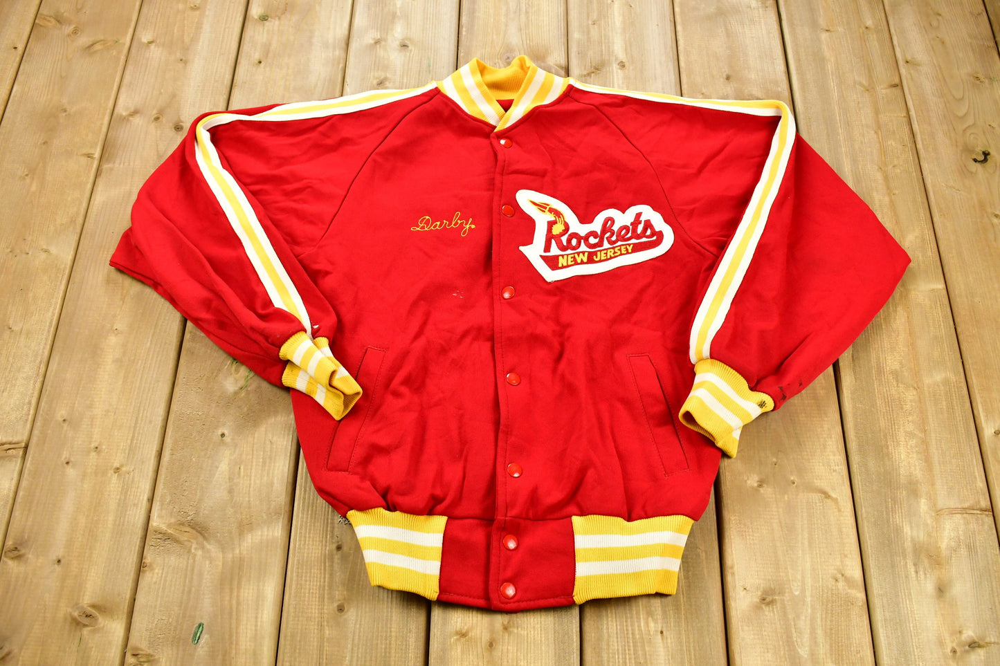 Vintage 1980s New Jersey Rockets Snap Button Windbreaker Jacket / Chain Stitched / Darby / Made In USA / Sportswear / Embroidered Patchwork