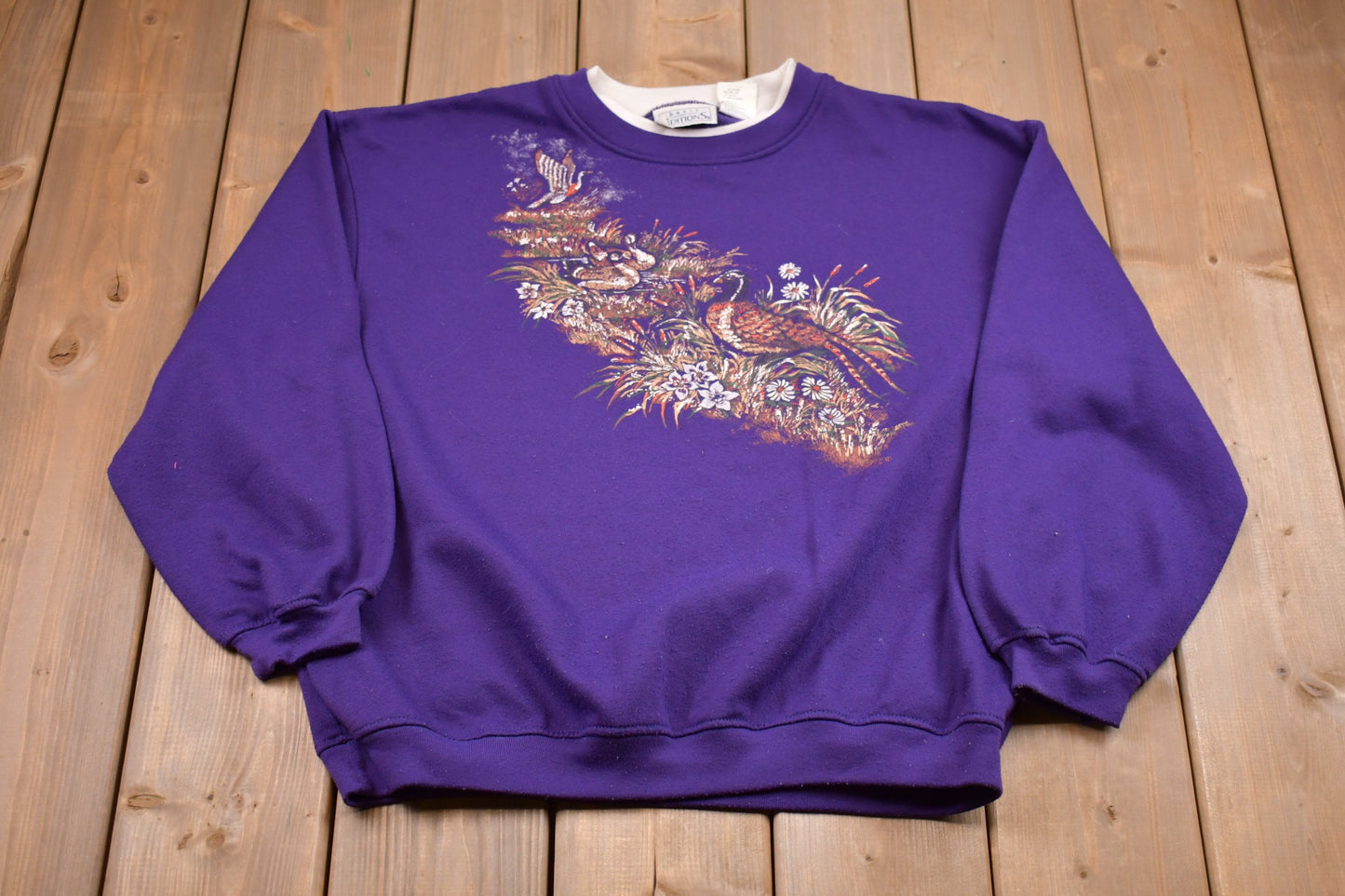 Vintage 1990s Double Collar Floral Crewneck / Nature Print / Vintage Sweatshirt / Wilderness / Pullover Sweatshirt / Basic Editions