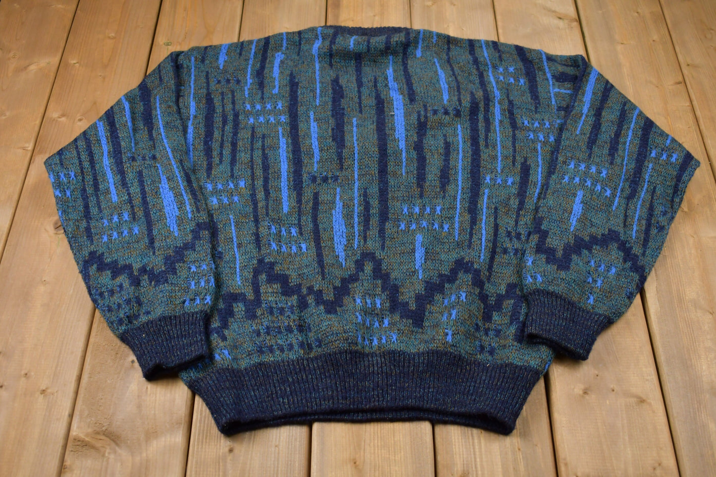 Vintage 1990s Flume Abstract Knitted Sweater / Vintage 90s V-Neck / Pattern Sweater / Outdoor / Hand Knit / Pullover Sweatshirt / 90s Flume