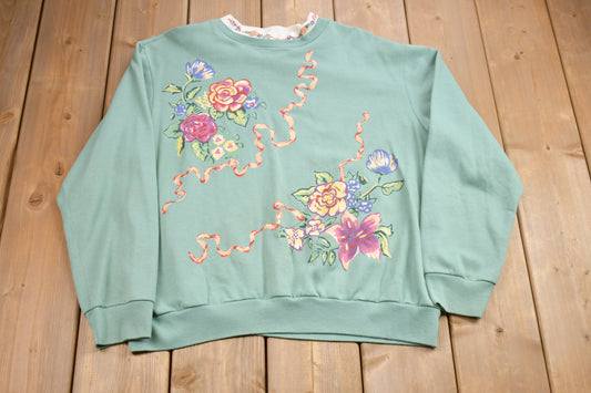 Vintage 1990s Blair Double Collar Crewneck / Nature Print / Vintage Floral Sweatshirt / Flowers / Grandma Sweatshirt / Made In USA