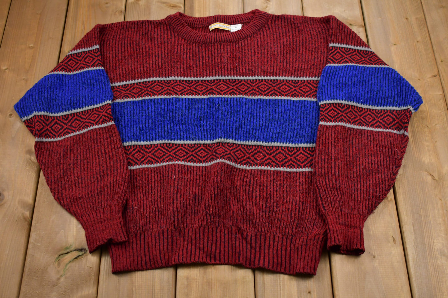 Vintage 1990s Adam Sloane Knitted Sweater / Vintage 90s Crewneck / Pattern Sweater / Outdoor / Hand Knit / Pullover Sweatshirt