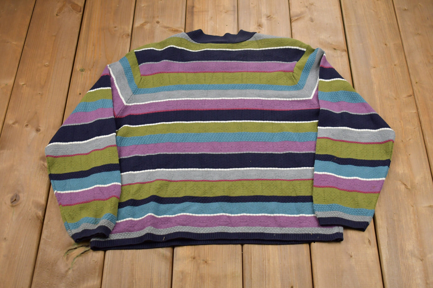 Vintage 1990s Southern Lady Striped Knitted Sweater / Vintage 90s Crewneck / Pattern Sweater / Outdoor / Hand Knit / Pullover Sweatshirt