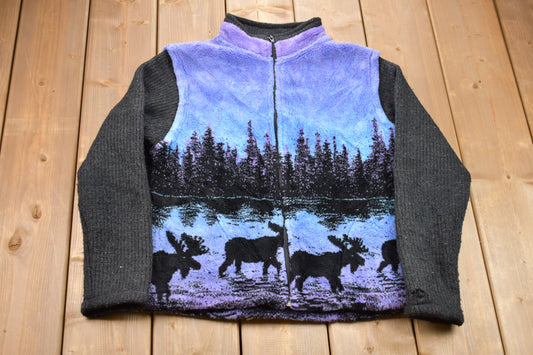 Vintage 1990s Black Mountain Outdoor Moose All Over Print Full Zip Fleece Sweater