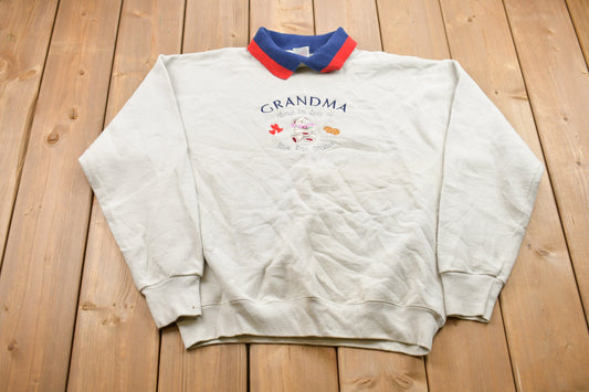 Vintage 1990s Cute Grandma Embroidered Collared Sweatshirt