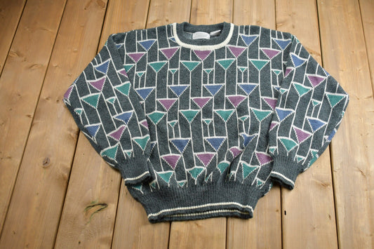 Vintage 1990s Van Heusen Abstract Print Knitted Sweater / Vintage 90s Crewneck / Pattern Sweater / Outdoor / Hand Knit / Pullover Sweatshirt