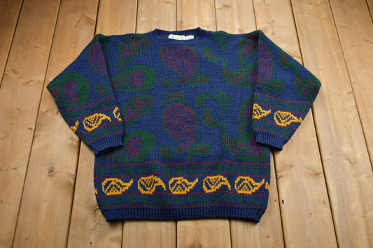 Vintage 1990s Paris Sports Club Knitted Sweater / Vintage 90s Crewneck / Pattern Sweater / Outdoor / Hand Knit / Pullover Sweatshirt