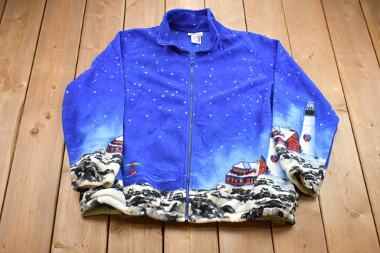 Vintage 1990s Blair Lighthouse All Over Print full Zip Fleece Sweater