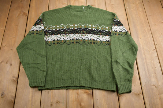 Vintage 1990s Abstract Print Knitted Sweater / Vintage 90s Crewneck / Pattern Sweater / Outdoor / Hand Knit / Pullover Sweatshirt