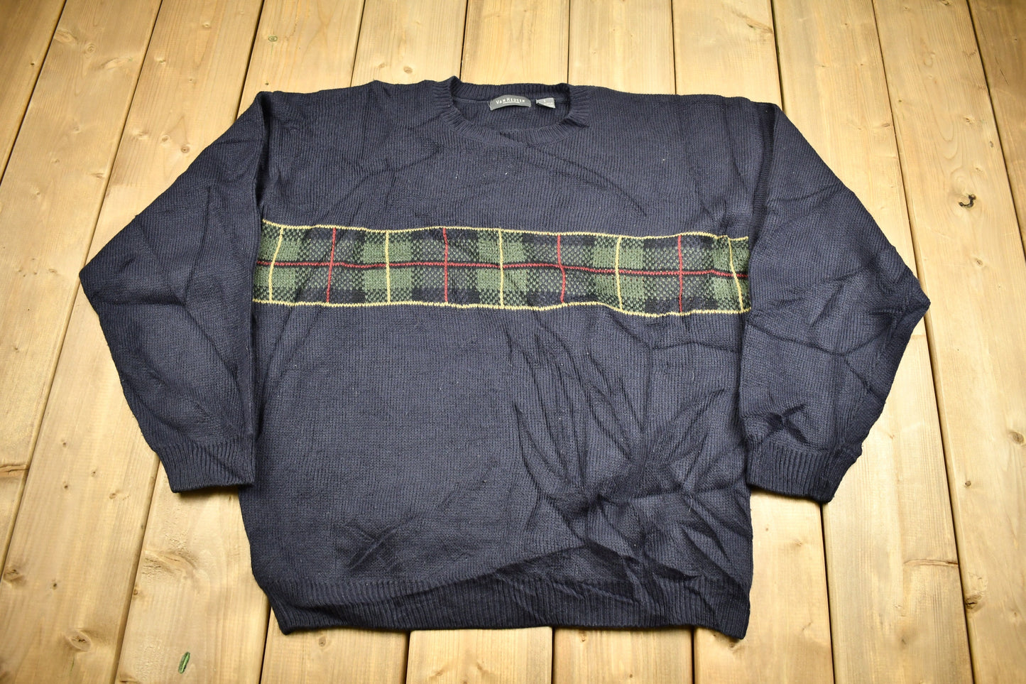 Vintage 1990s Van Huesen Knitted Sweater / Vintage 90s Crewneck / Patchwork / Outdoorsman / Sweatshirt / Abstract Graphic