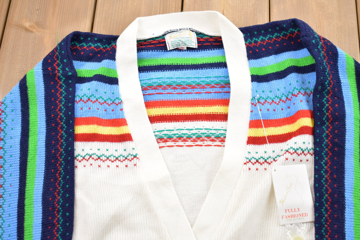 Vintage 1980s Helen Sue Knitted Sweater / Vintage 80s Cardigan / Pattern Sweater / Outdoor / Hand Knit / Striped Cardigan