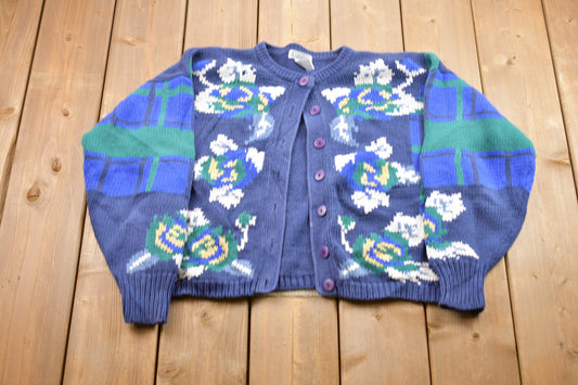 Vintage 1980s Gallagher Floral Knitted Sweater / Vintage 80s Cardigan / Pattern Sweater / Outdoor / Hand Knit / Vintage Gallagher