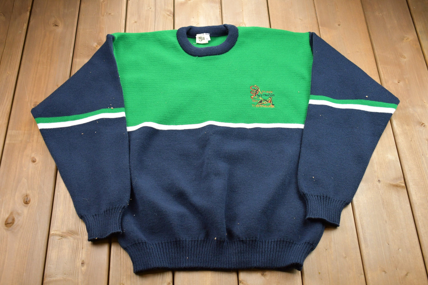 Vintage 1990s Irish Two-Toned Knitted Sweater / Vintage 90s Crewneck / Pattern Sweater / Made In Ireland / Pullover Sweatshirt / Embroidered