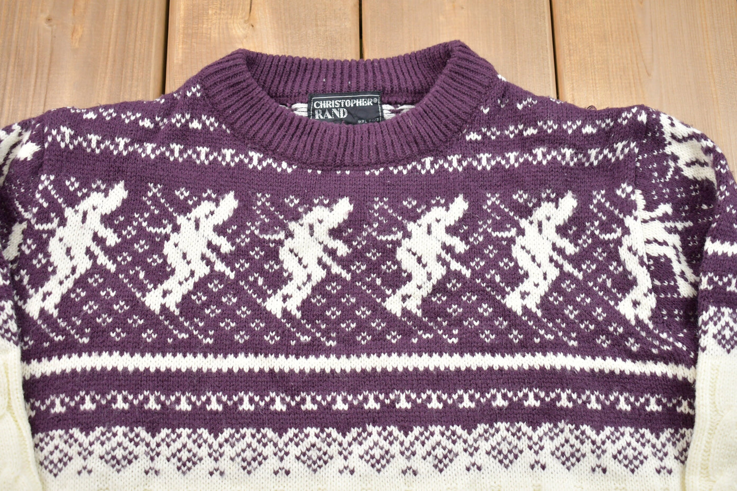 Vintage 1980s Christopher Rand Skiing Knitted Sweater / Vintage 80s Crewneck / Pattern Sweater / Outdoor / Hand Knit / Pullover Sweatshirt