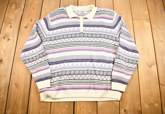 Vintage 1990s Alfred Dunner Womans Collared Knit Sweater / Striped Pattern Print / Made In USA Pullover Sweatshirt / Grandma