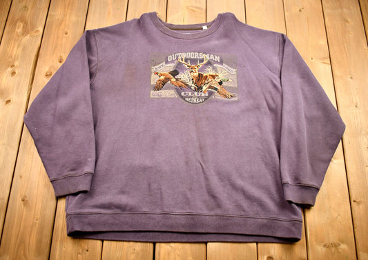 Vintage 1990s Outdoorsman Club Crewneck / Purple Nature Print Sweatshirt / Animal Lover / Wilderness / Embroidered Pullover Sweatshirt