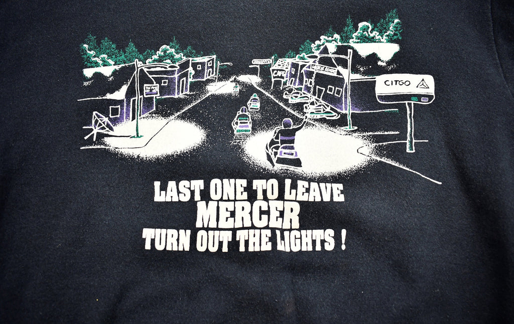 Vintage 1990s "Last One To Leave Mercer Turn Out The Lights!" Crewneck , Streetwear , Delta , Retro Style , Made In USA , Mercer Souvenir