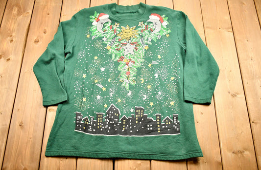 Vintage 1990s Christmas Mock Neck Long Sleeve T-Shirt , Vintage Holiday Sweatshirt , Moon And Stars , Festive All Over Print