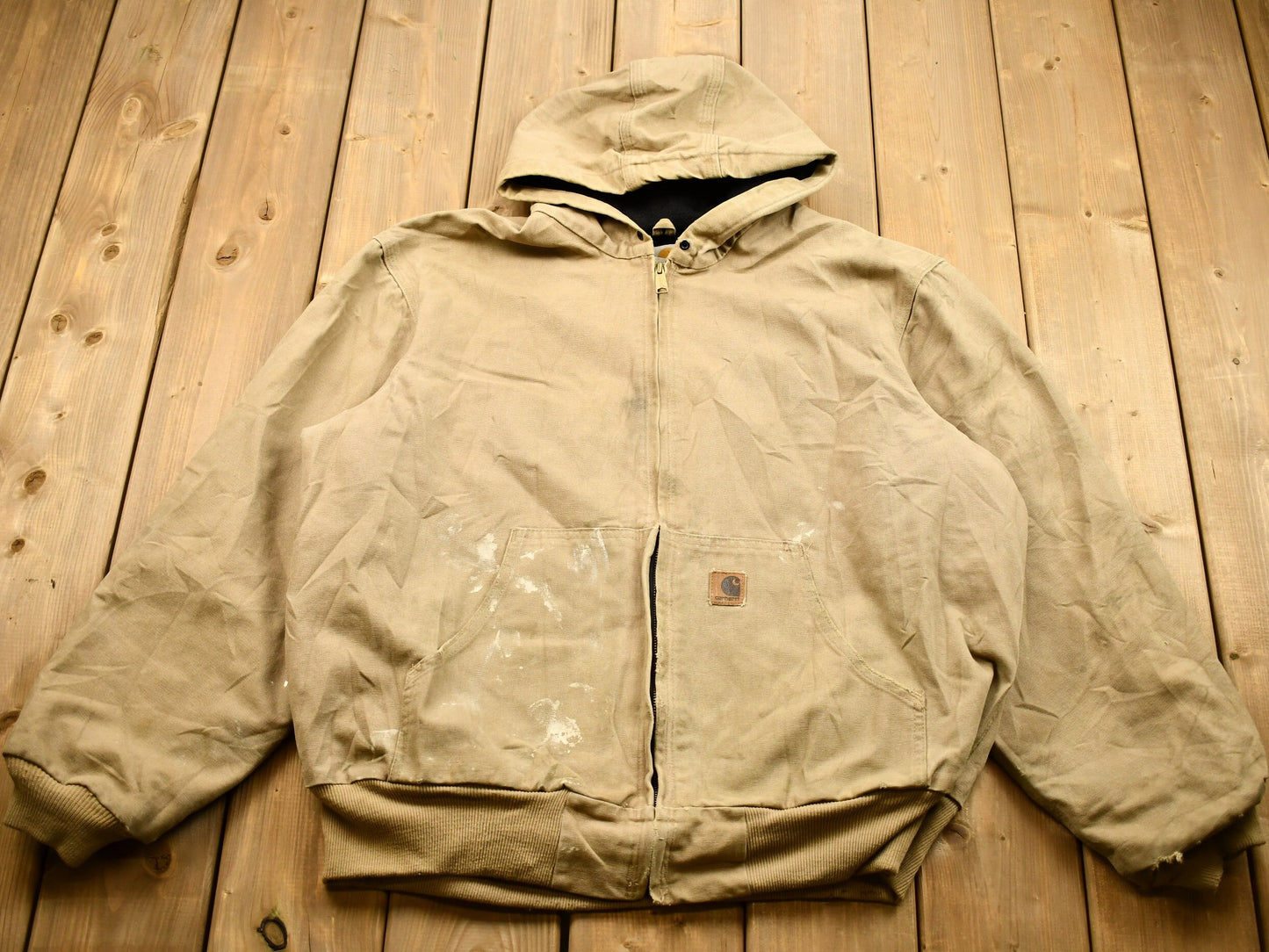 Vintage 1990s Carhartt Hooded Work Jacket / Workwear / Streetwear / Lined Jacket / Distressed Carhartt / Tan Carhartt Jacket