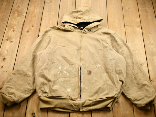 Vintage 1990s Carhartt Hooded Work Jacket / Workwear / Streetwear / Lined Jacket / Distressed Carhartt / Tan Carhartt Jacket