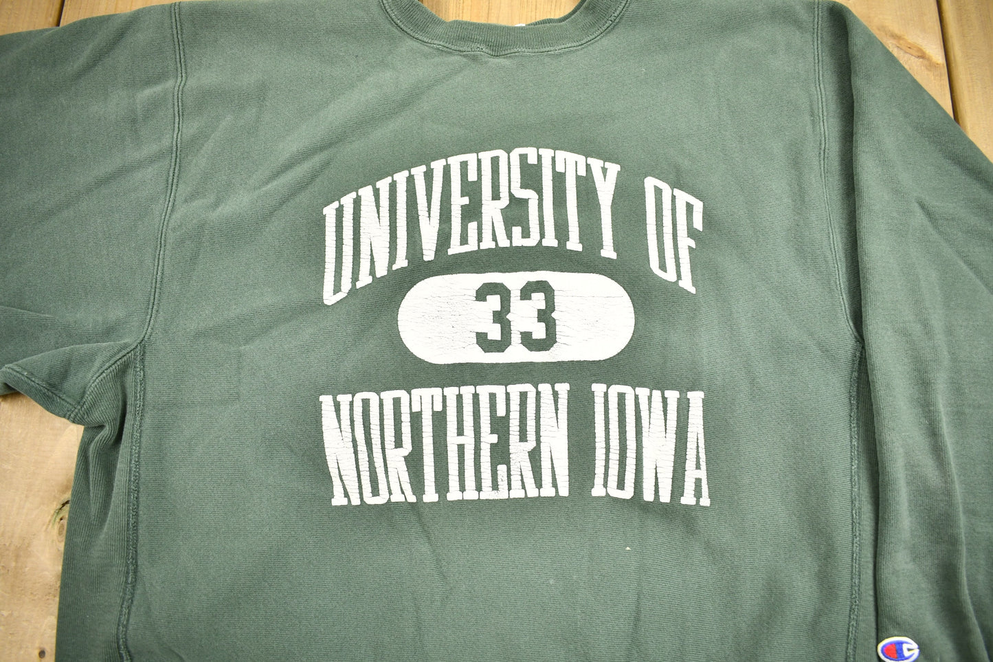 Vintage 1990s University of Northern Iowa Champion Reverse Weave Collegiate Crewneck / Made In USA / Olive Green / Sportswear / Americana