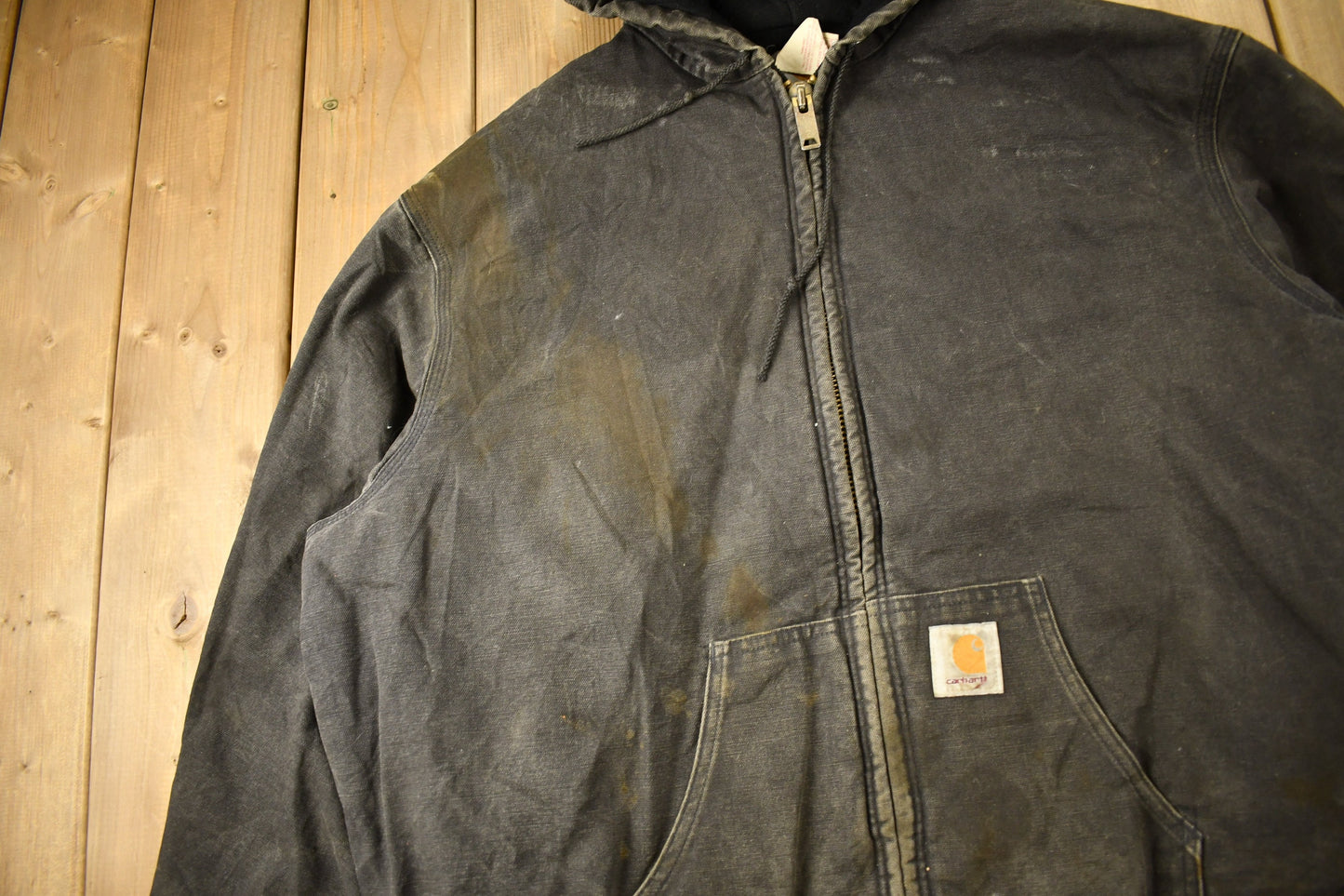 Vintage 1980s Distressed Carhartt Hooded Work Jacket / Workwear / Streetwear / Made In USA / Quilt Lined Jacket / Distressed Carhartt