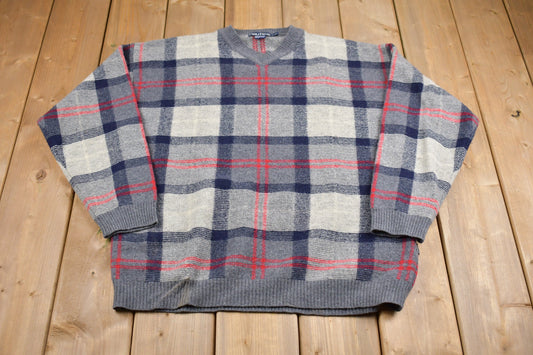 Vintage 1980s Nautica Plaid Knitted Sweater / Vintage 80s V-Neck / Pattern Sweater / Outdoor / Hand Knit / Pullover Sweatshirt