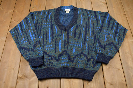 Vintage 1990s Flume Abstract Knitted Sweater / Vintage 90s V-Neck / Pattern Sweater / Outdoor / Hand Knit / Pullover Sweatshirt / 90s Flume