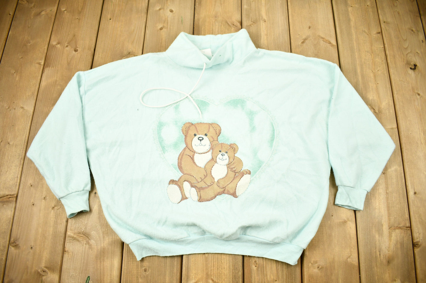 Vintage 1990s Teddy Bears And Hearts Cute Graphic Sweater / 90s Crewneck / Grandma Sweater / Light Blue Sweater / Pullover Sweatshirt