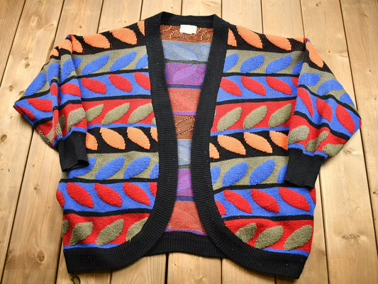 Vintage 1990s Knitted Open Style Cardigan Sweater / 3D Knit / Abstract Pattern / Color Block Sweatshirt / No Closure