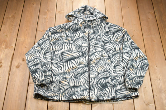 Vintage 1990s Zebra All Over Print Full Zip Fleece Sweater