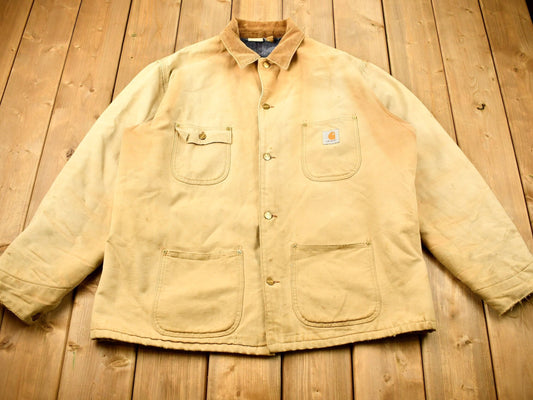 Vintage 1980s Carhartt Blanket Lined Chore Coat / Vintage Workwear / Made In USA / Tan Carhartt Jacket / Button Up / Distressed Carhartt