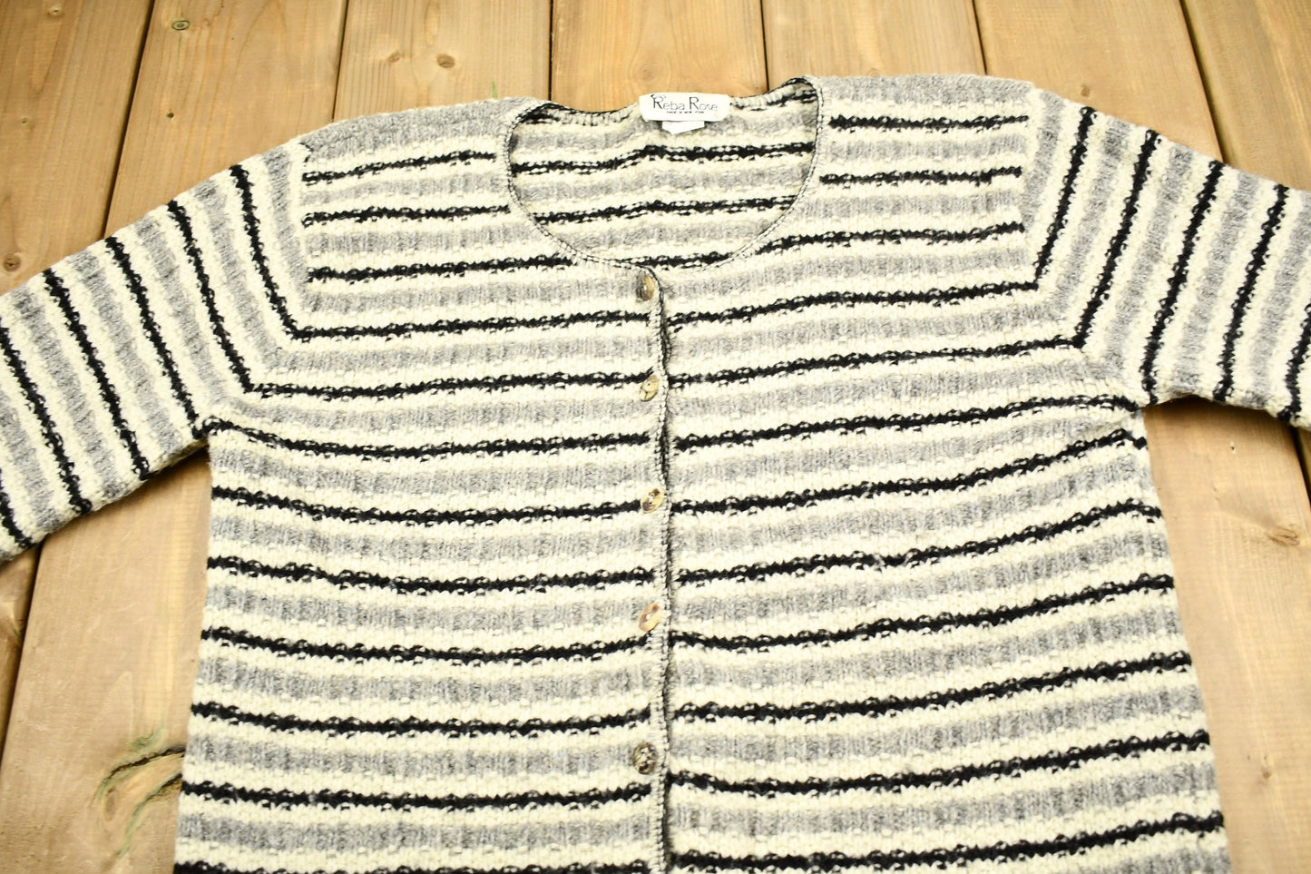 Vintage 1990s Reba Rose Knitted Striped Cardigan Sweater / Made In USA / All Over Pattern / Outdoor / Sweatshirt / Abstract Graphic