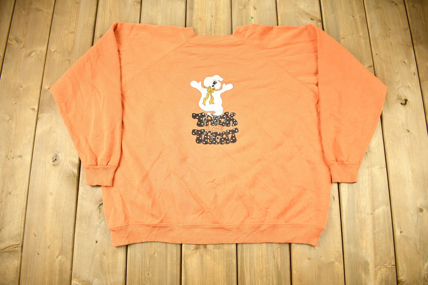 Vintage 1980s Trick Or Treat Halloween Raglan Crewneck Sweatshirt / 90s Crewneck / Souvenir / Athleisure / Spooky Sweater / Orange Crewneck