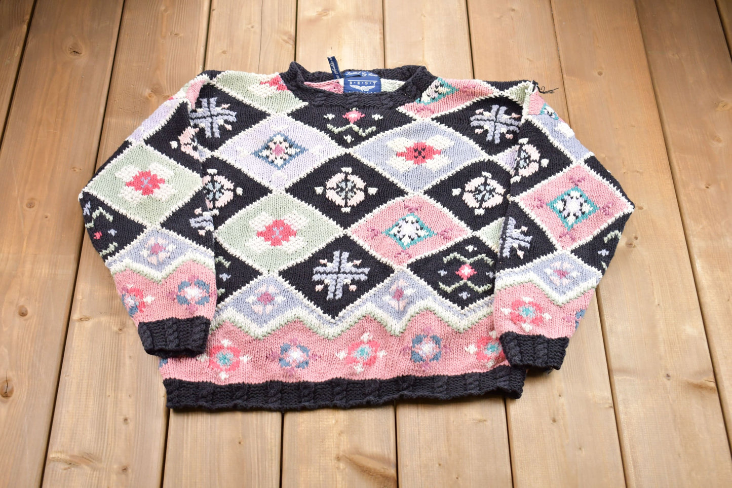 Vintage 1990s Best American Abstract Knitted Sweater / Vintage 90s Crewneck / Pattern Sweater / Outdoor / Hand Knit / Pullover Sweatshirt