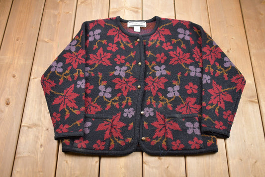 Vintage 1980s Crystal Kobe Floral Knitted Sweater / Vintage 80s Cardigan / Pattern Sweater / Outdoor / Hand Knit / Floral Cardigan