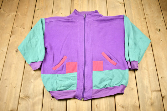 Vintage 1990s Vanderbill Color Block Full Zip Sweatshirt / Green & Purple / Blank Sweater / Athleisure / Streetwear / Vintage Blank