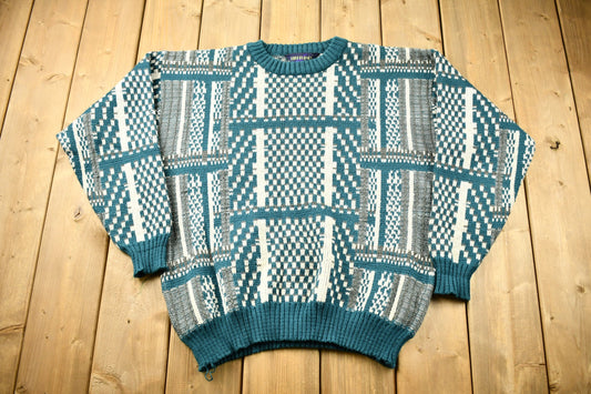 Vintage 1990s All Over Pattern Knitted Crewneck Sweater / Vintage 90s Crewneck / Color Block / Outdoor / Sweatshirt / Patchwork