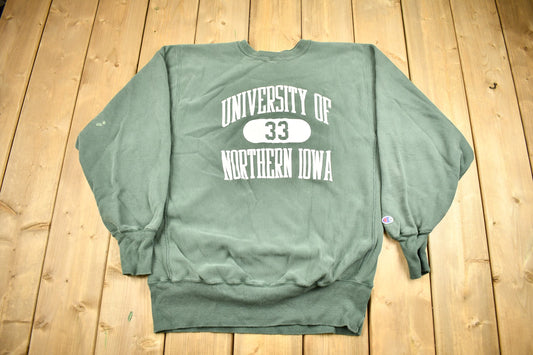 Vintage 1990s University of Northern Iowa Champion Reverse Weave Collegiate Crewneck / Made In USA / Olive Green / Sportswear / Americana