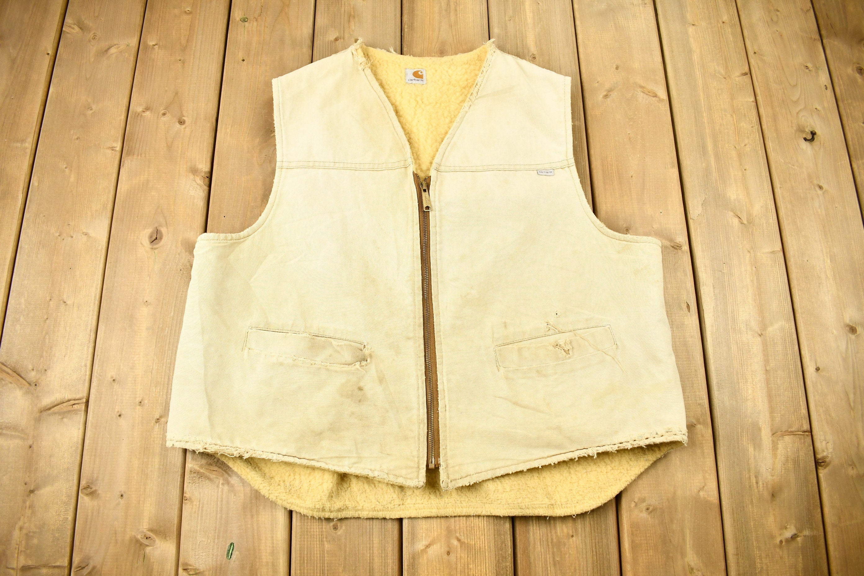 Vintage 1980s Carhartt Sherpa Lined Beige Work Vest