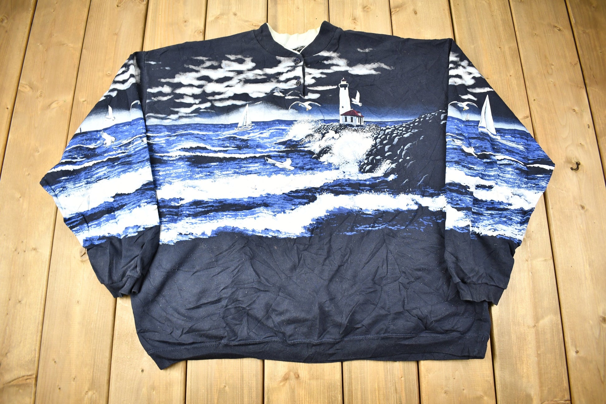Vintage 1990s Lighthouse Theme All Over Print Henley Sweatshirt